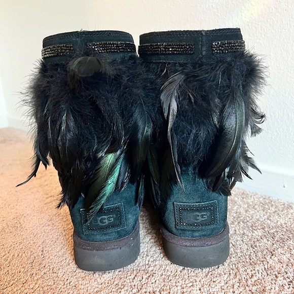 Black Ugg Boots with Feathers and Crystal Trim, Size 9 - Picture 2 of 4